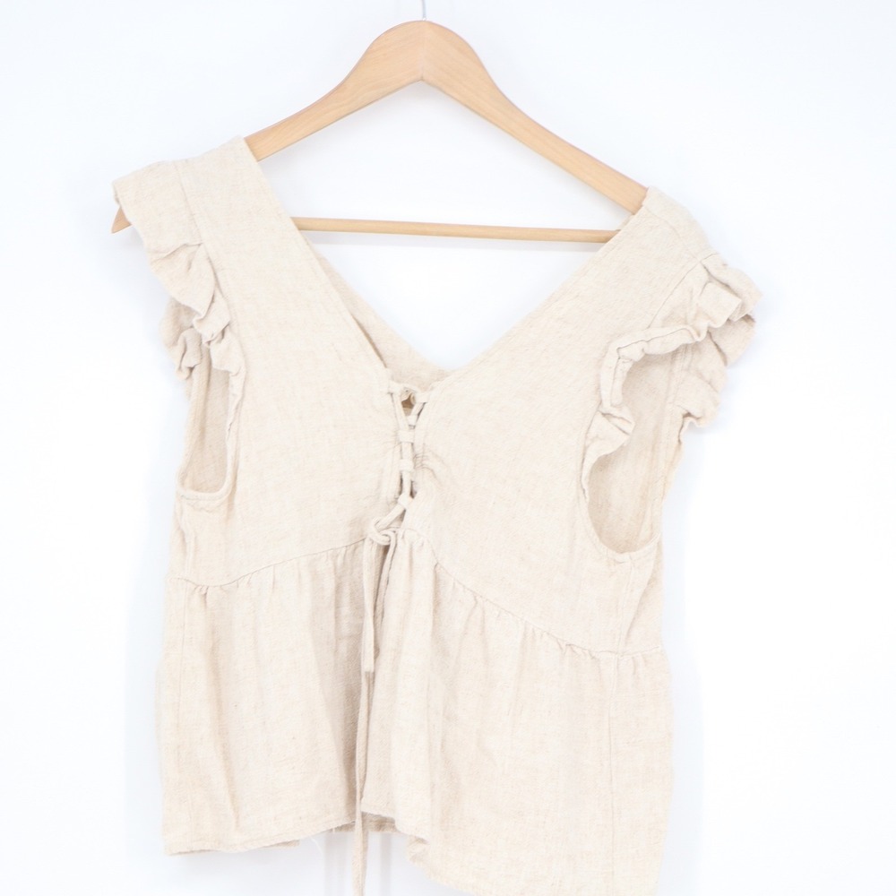 New In Oatmeal Linen Blend Ruffle Sleeve Lace Up Back Peplum Top Large - Picture 5 of 6